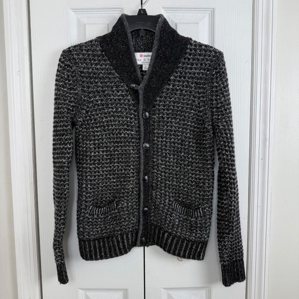 Rag & Bone Neiman Marcus Target Womens Shawl Collar Cardigan‎ Black White Wool L